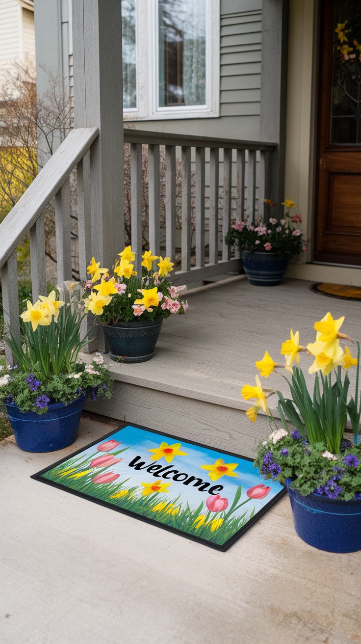 A colorful welcome mat with tulips and daffodils on a front porch with potted flowers.