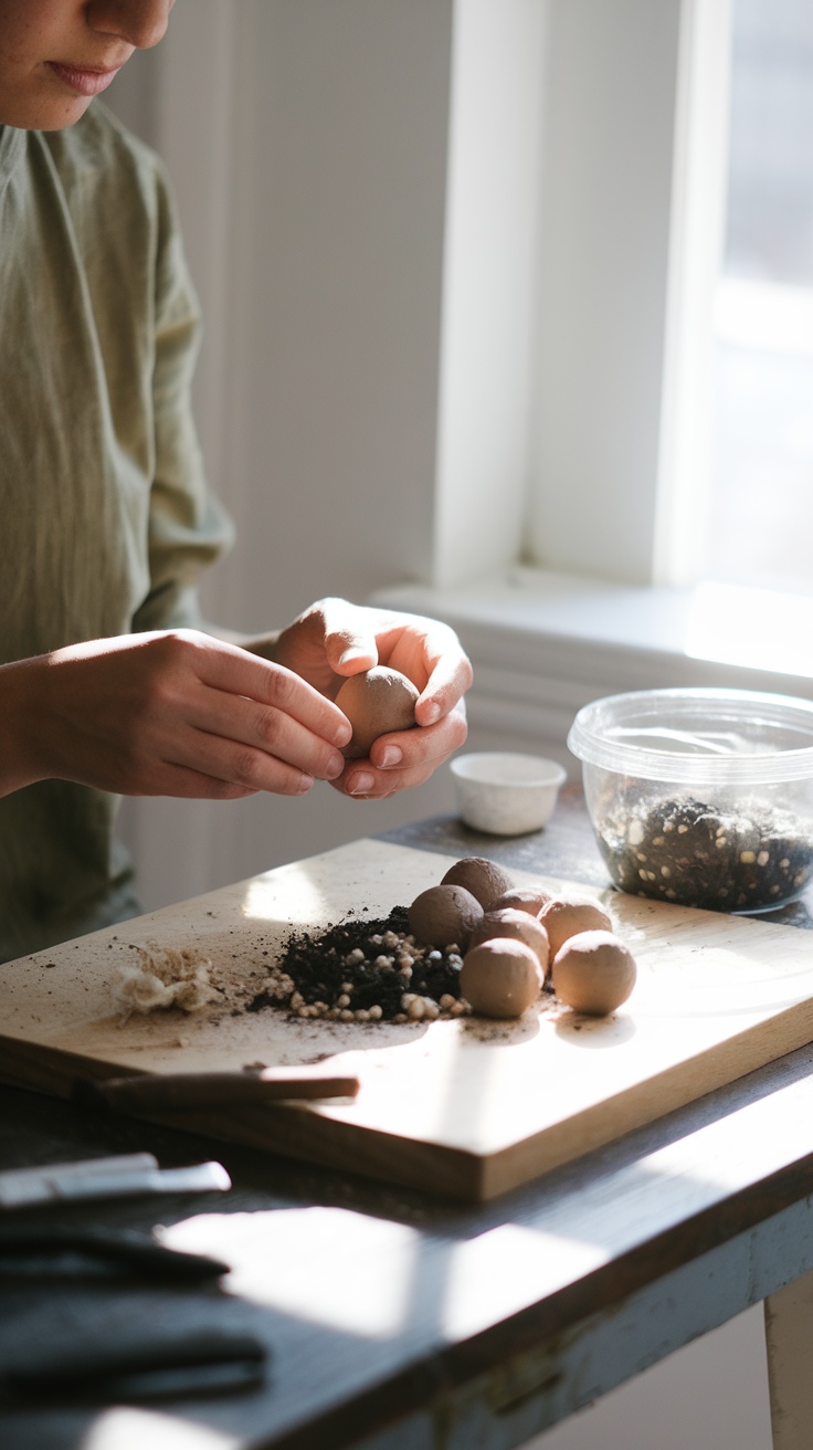 A person making seed bombs with clay and soil on a wooden table.