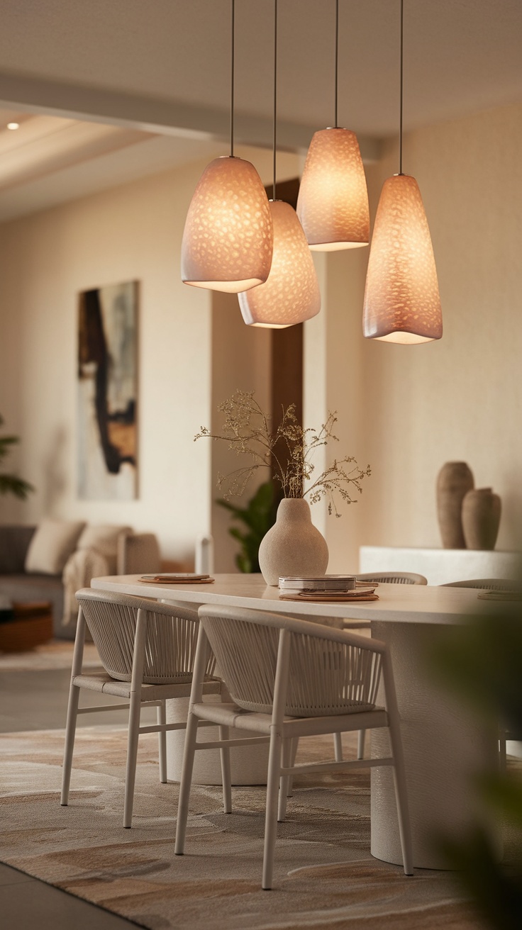 Coastal dining room with warm pendant lights hanging over a simple dining table