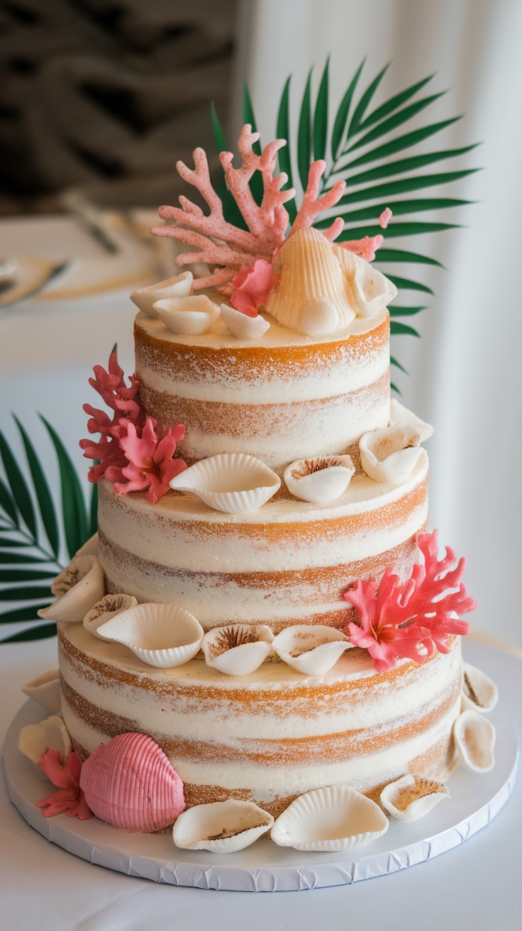 A beautifully decorated wedding cake featuring seashells and coral