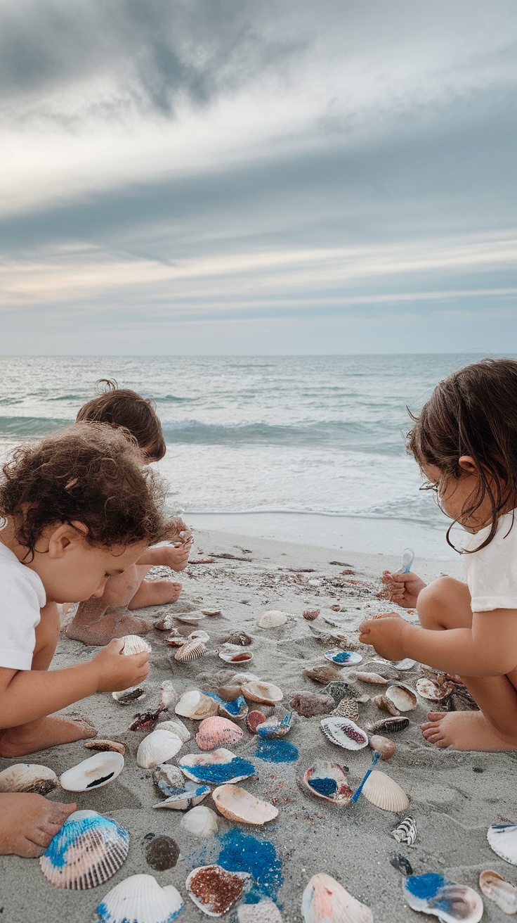 Children collecting and decorating shells on the beach.