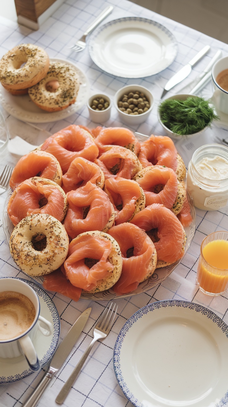 A plate of bagels topped with smoked salmon, decorated with capers and dill, alongside coffee and orange juice.