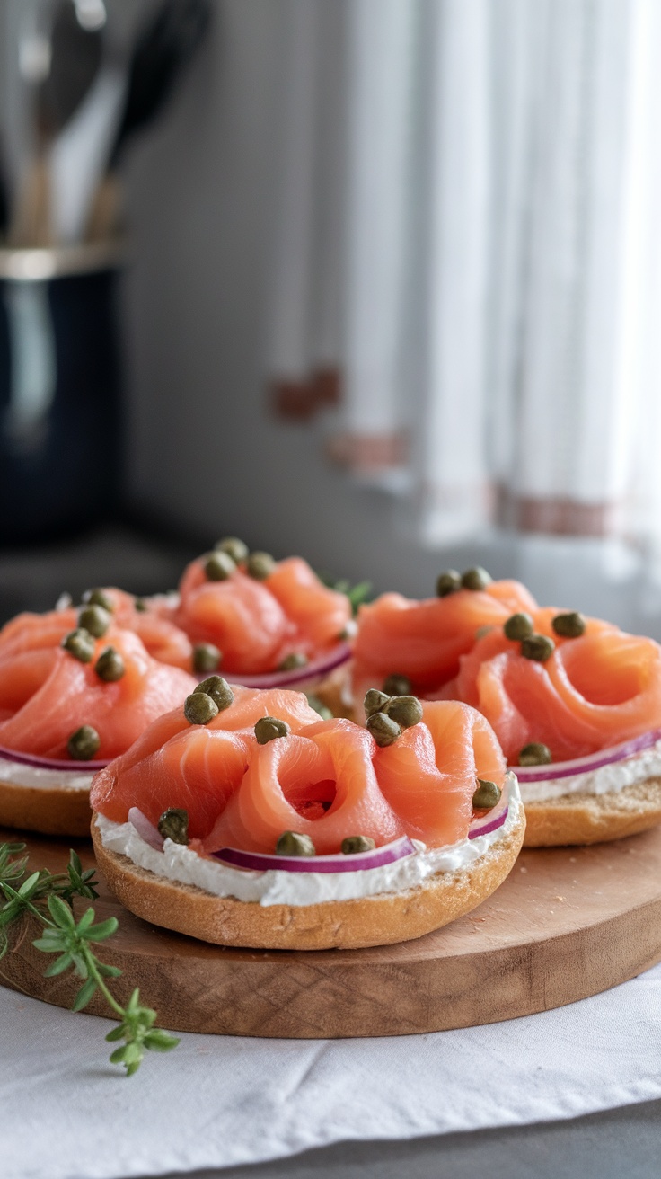 A plate of smoked salmon bagels topped with cream cheese, capers, and red onion.