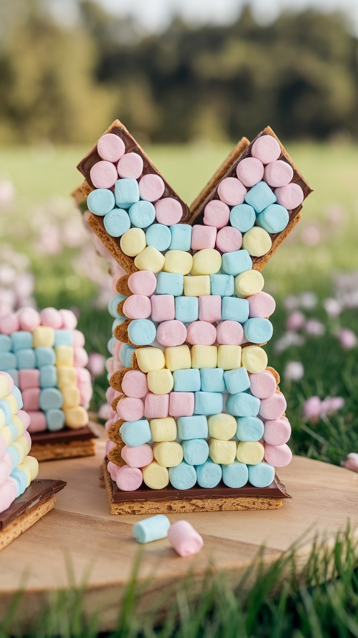 Colorful S'mores Easter treats shaped like bunnies made with graham crackers and pastel marshmallows.