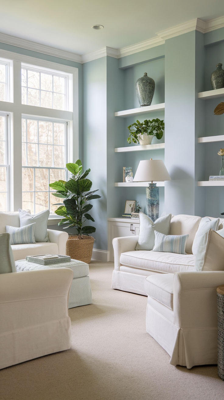 A bright living room with soft blue walls, white furniture, and decorative plants.