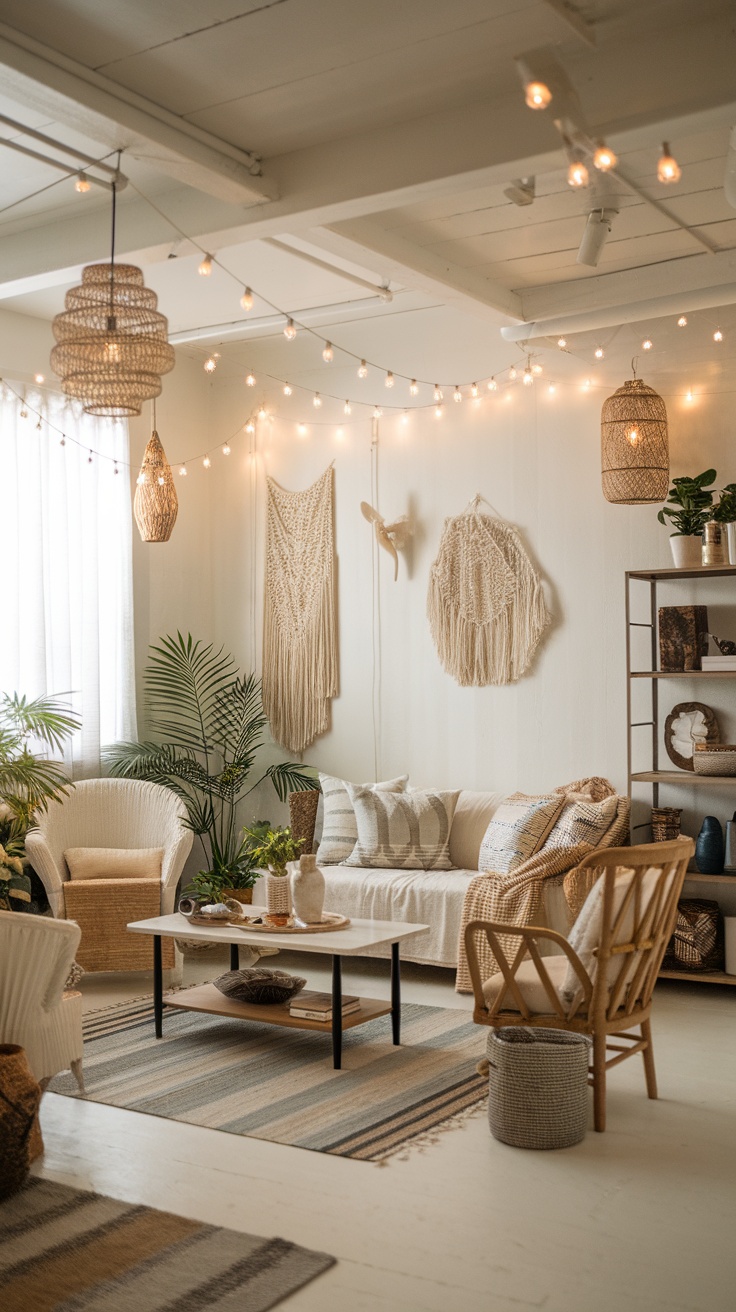 A cozy boho beach house interior featuring soft lighting, plants, and textured decor.