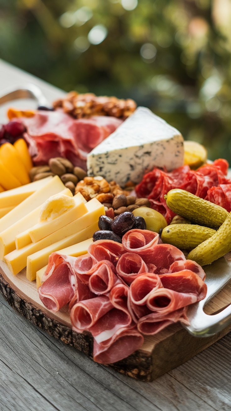 A charcuterie board featuring spicy meats, cheeses, nuts, and pickles.