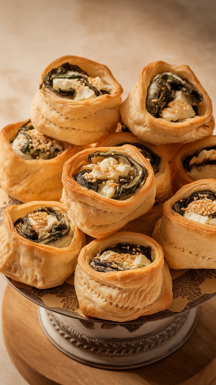 A plate of delicious spinach and feta puff pastries stacked neatly.