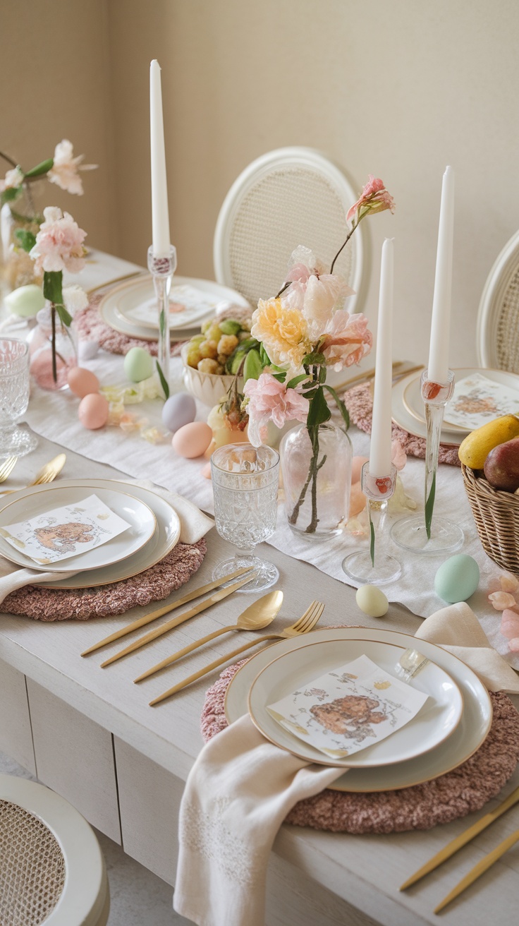 A beautifully set Easter table with pastel-colored decorations, flowers, and creative table linens.