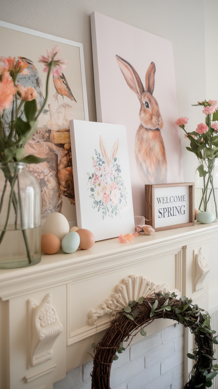 Spring-themed art displayed on a mantel with floral arrangements and pastel-colored eggs.