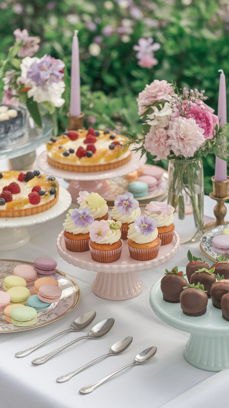 A beautifully arranged spring-themed dessert table featuring colorful cupcakes, fruit tarts, and macaroons.