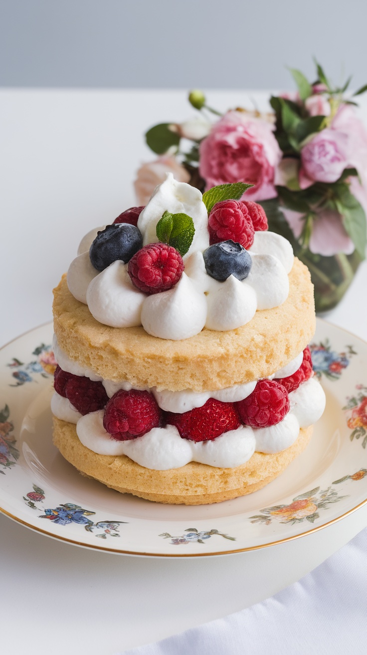 A delicious Spring Berry Shortcake with raspberries and blueberries, topped with whipped cream, served on a floral plate.
