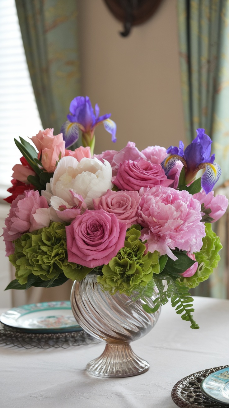 Spring floral arrangement featuring pastel roses, peonies, and irises in a glass vase.