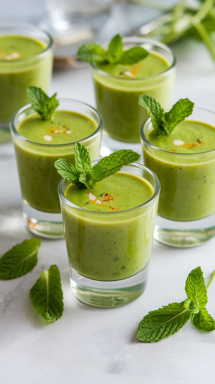 Five glasses of vibrant green pea soup garnished with mint leaves.