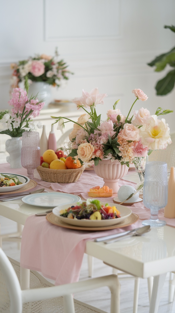 A beautifully arranged spring-themed table setting with flowers, fruits, and pastel colors.