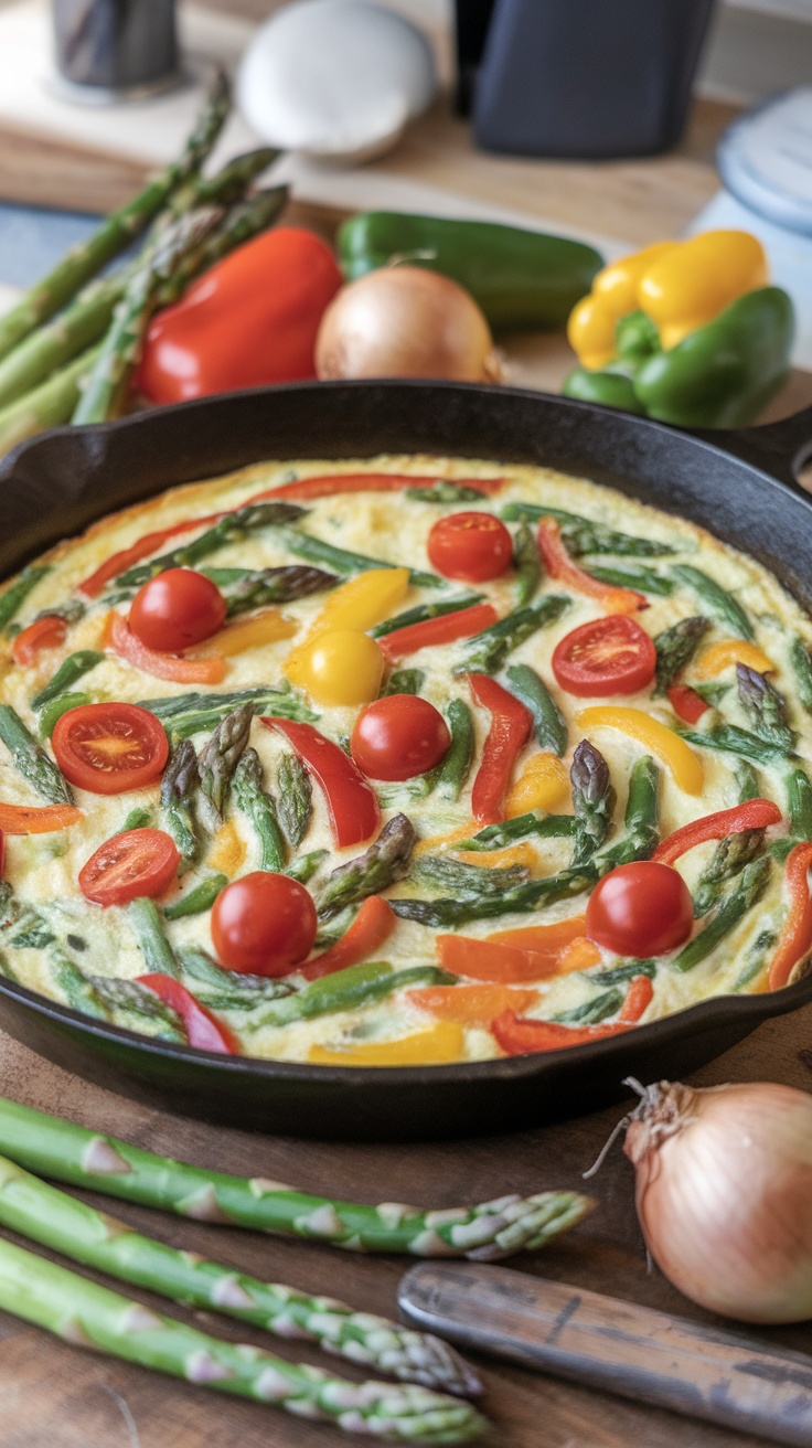 A vibrant spring vegetable frittata with asparagus, bell peppers, and cherry tomatoes in a cast iron skillet.