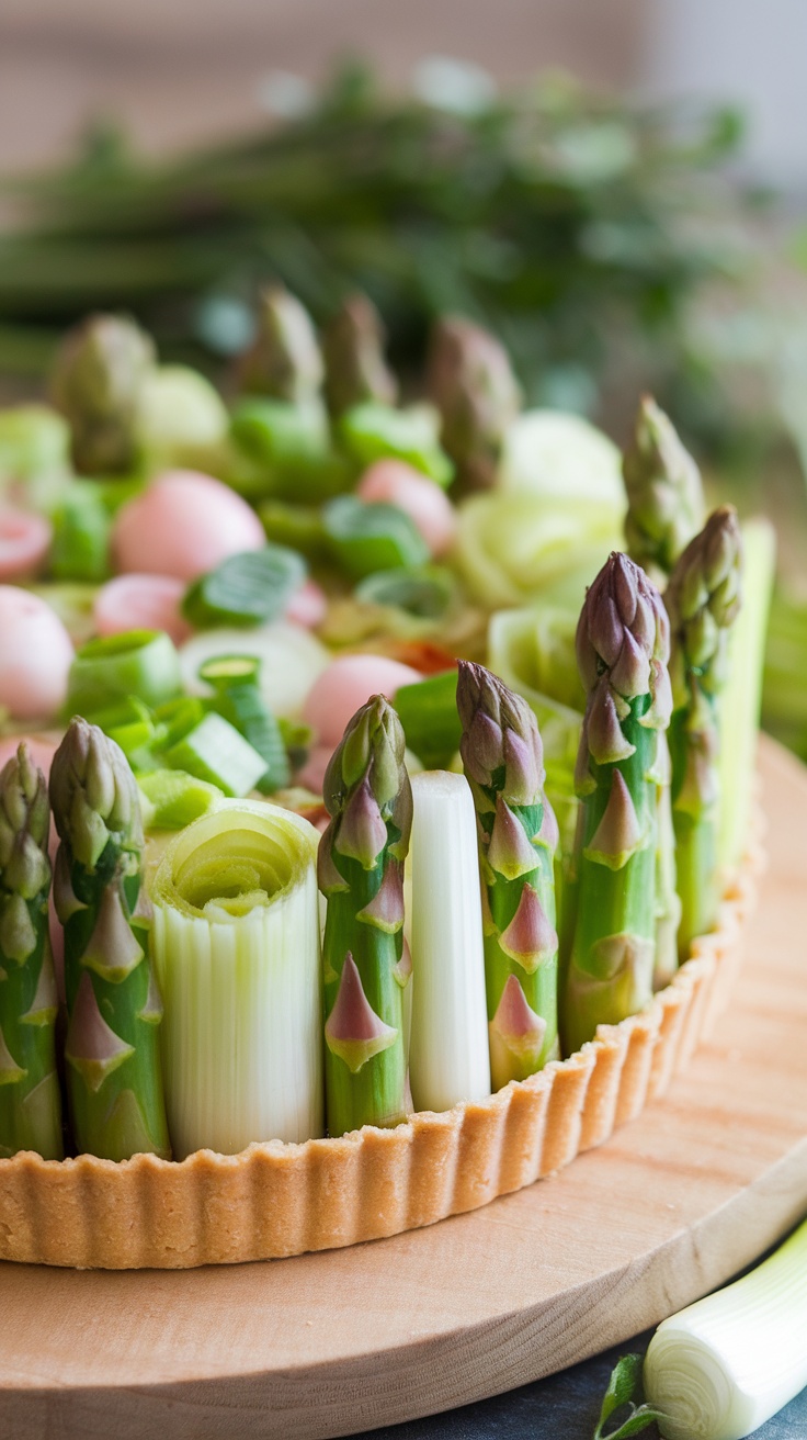 A beautifully arranged spring vegetable tart with asparagus, leeks, and colorful vegetables.