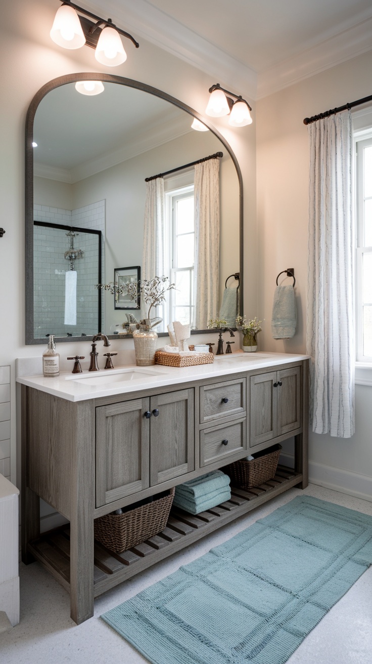 A modern farmhouse bathroom featuring a large statement mirror above a stylish vanity.