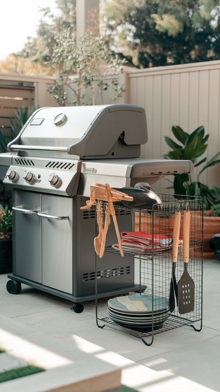 A well-organized backyard grilling area featuring a grill and a wire cart with grilling tools and accessories.