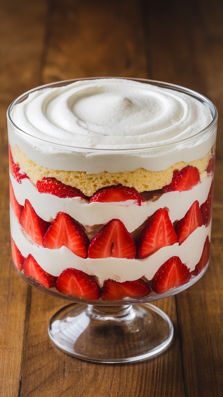 A delicious strawberry shortcake trifle in a glass dish, layered with cake, strawberries, and whipped cream.