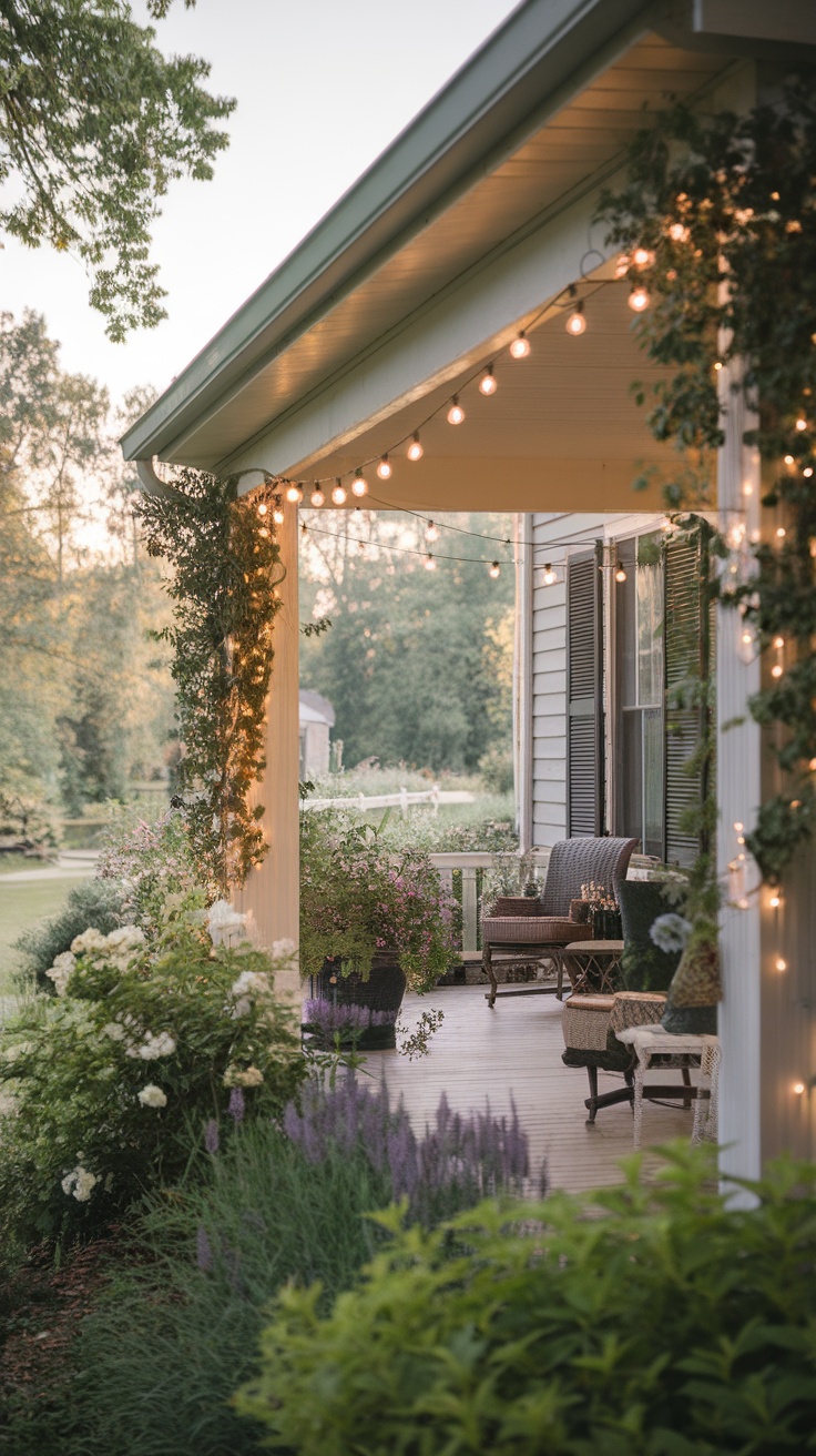 A cozy front porch adorned with string lights, surrounded by flowers and greenery.