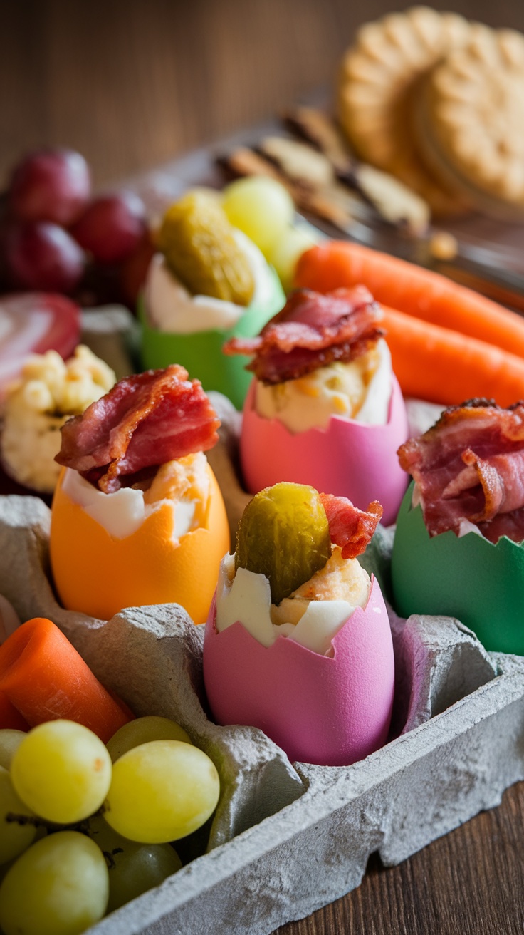 A colorful display of stuffed Easter eggs with various fillings