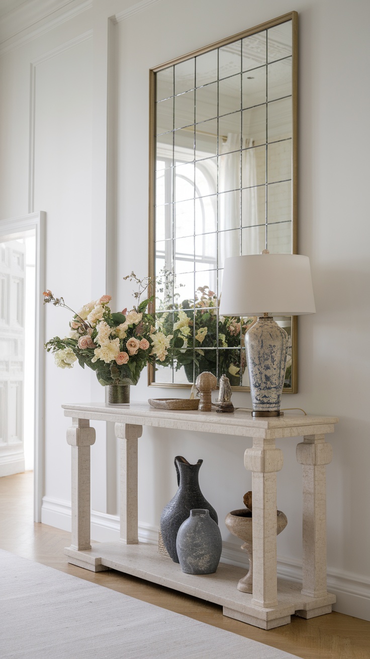 A stylish console table adorned with a floral arrangement, lamp, and decorative vases in an elegant entryway.