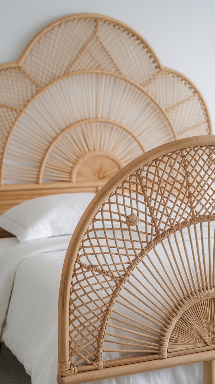 A beautiful rattan headboard with a fan-like design, complementing a simple bed setup.