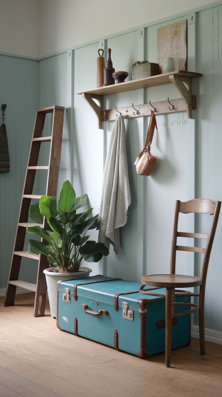 An entryway featuring a vintage trunk, wooden ladder, and plants, creating a cozy atmosphere.