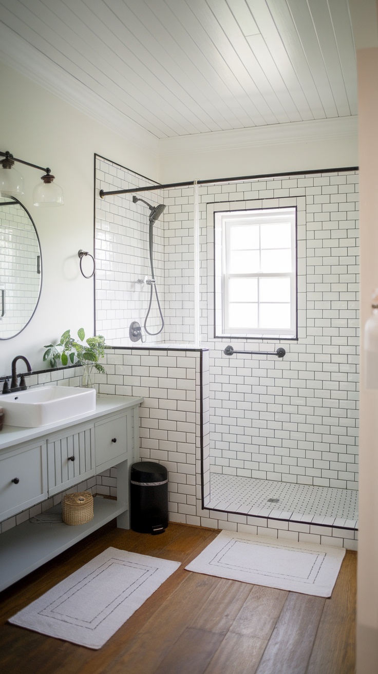 A modern farmhouse bathroom featuring a subway tile shower with a glass partition.
