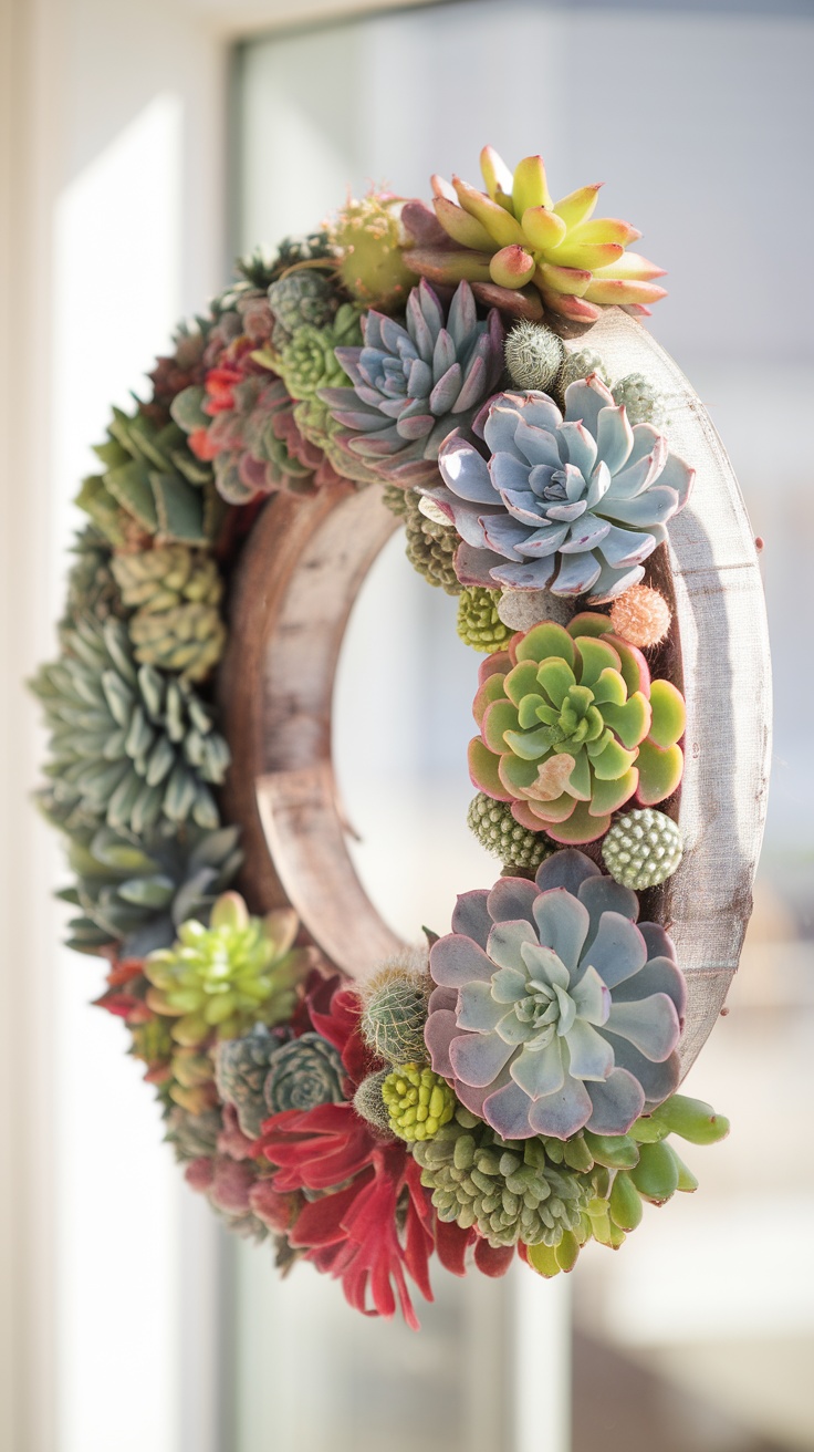 Wreath decorated with various succulents and cacti on a wooden frame.