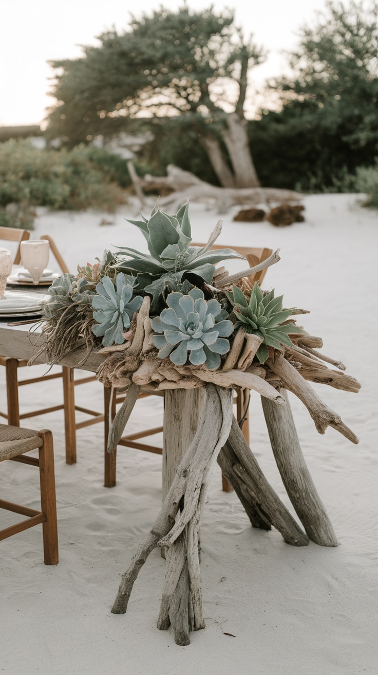 A centerpiece made of succulents and driftwood on a dining table in a tropical setting.