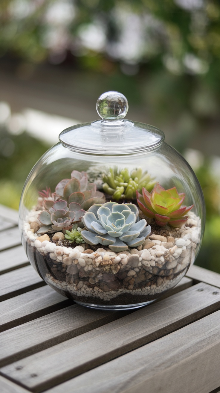 A glass terrarium filled with various succulents and pebbles.