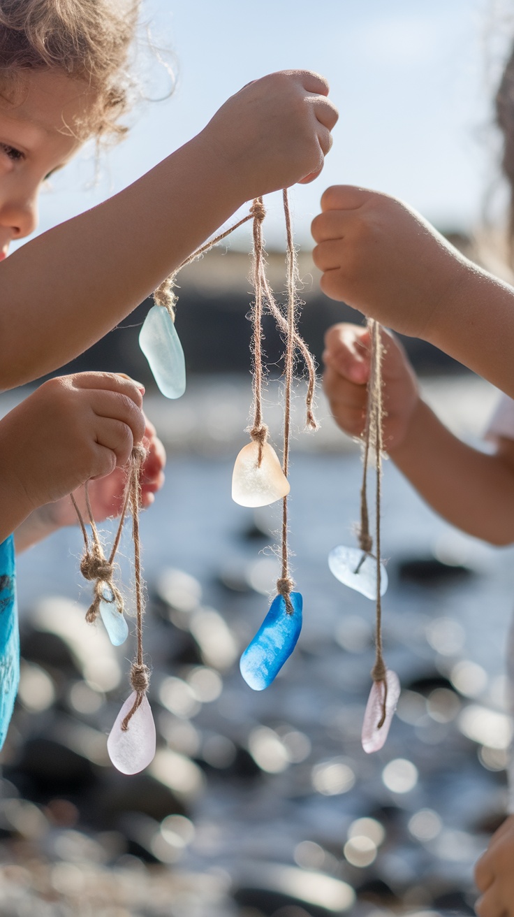 Children holding strings with sea glass pieces near the beach.