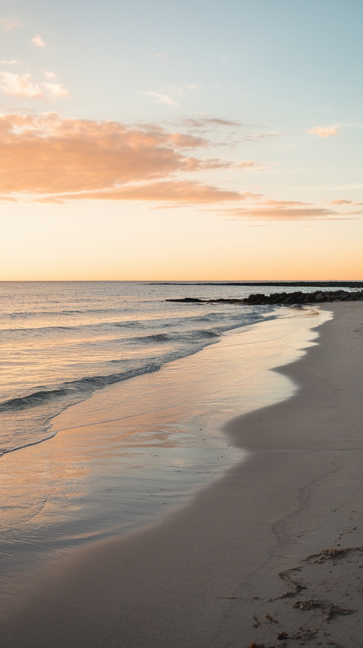 A serene beach scene during sunset with gentle waves and soft clouds.