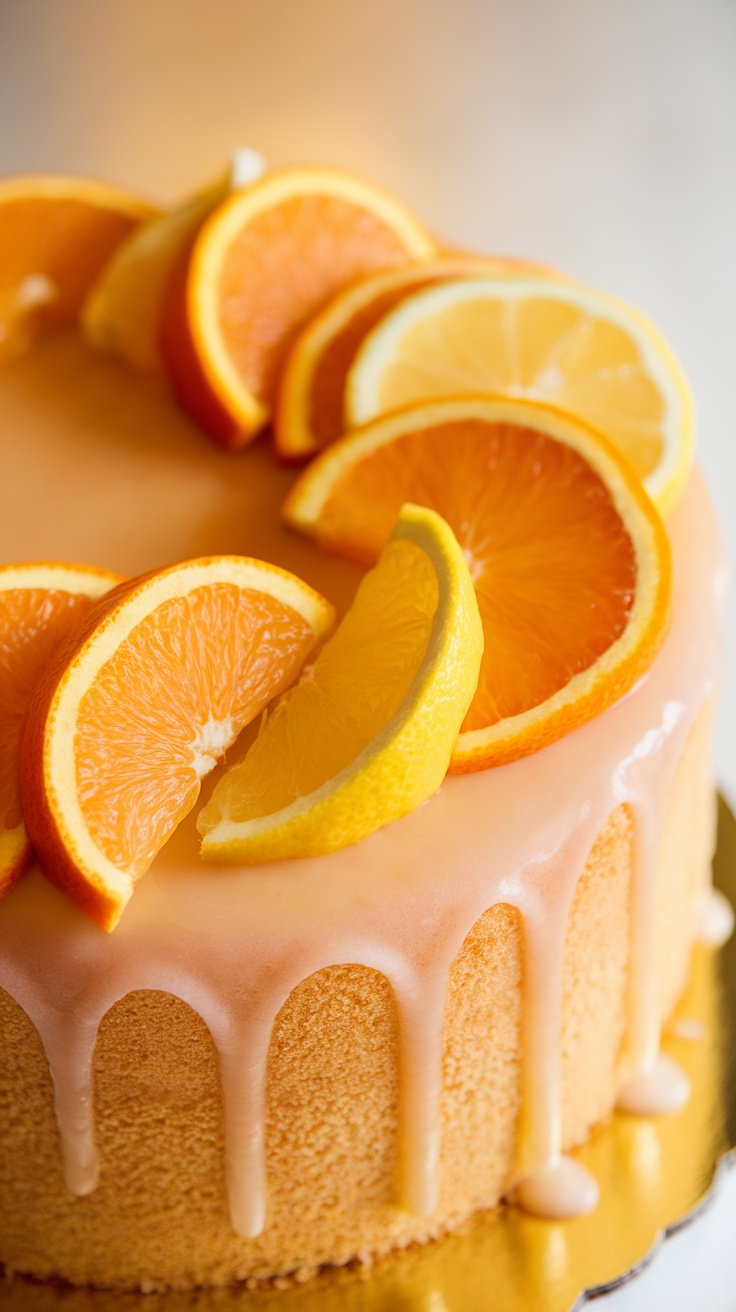 A cake topped with orange and lemon slices, showcasing a citrus theme.