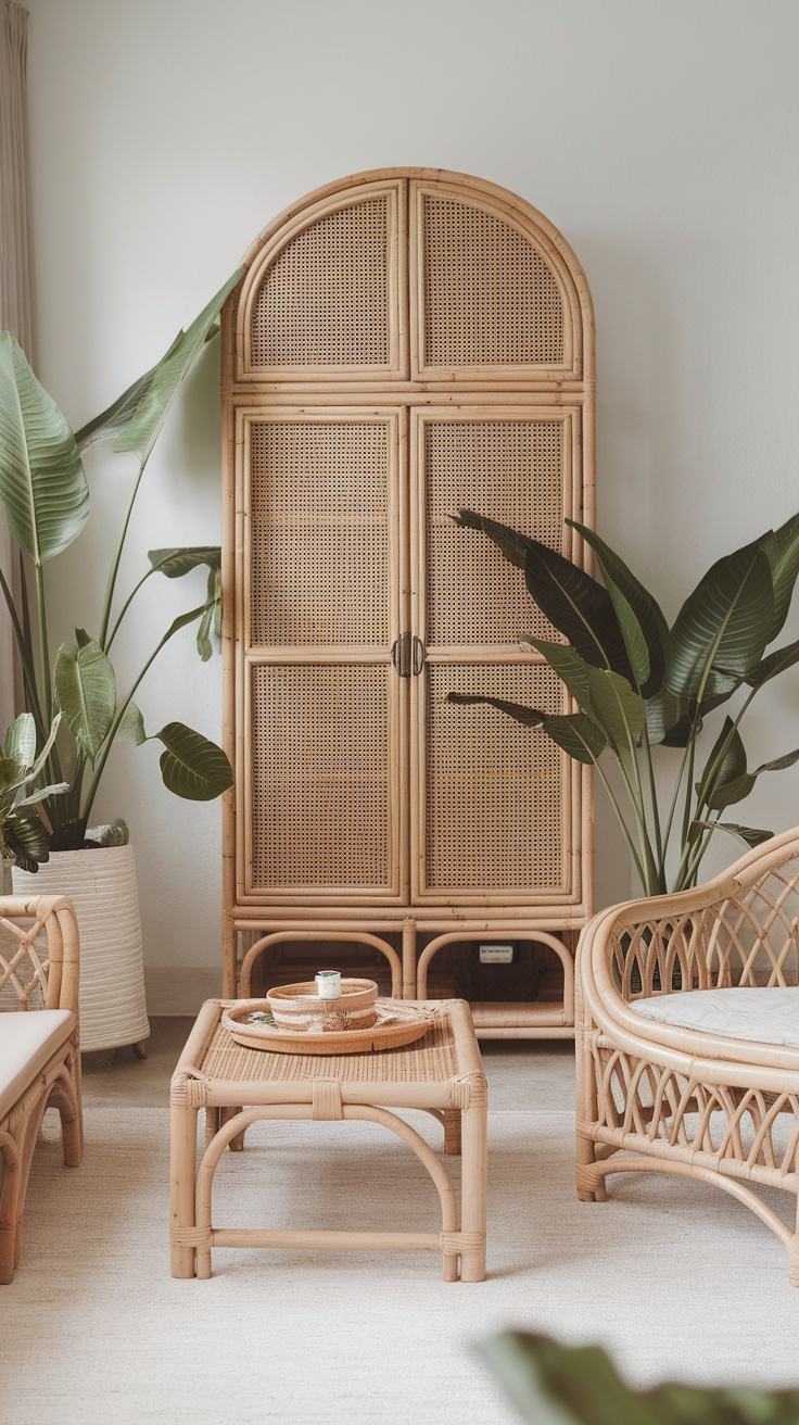 Rattan furniture in a bedroom setting with plants.
