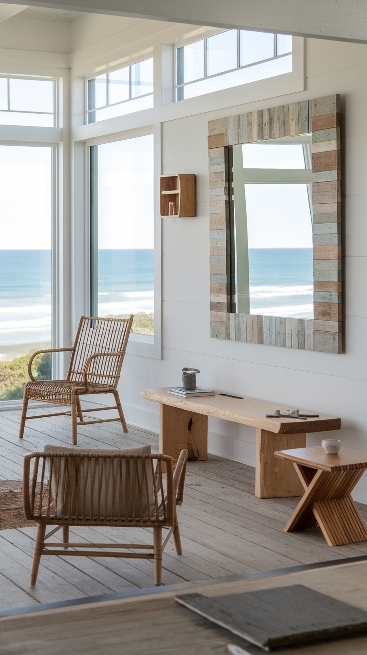 A bright and airy boho beach house interior featuring wooden furniture and ocean views.