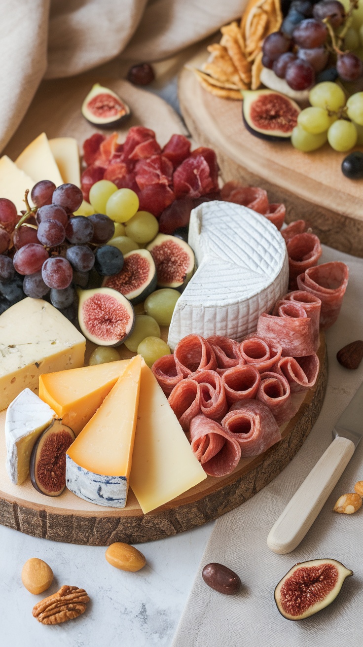 A charcuterie board featuring cheese, fruits like figs and grapes, and meats.