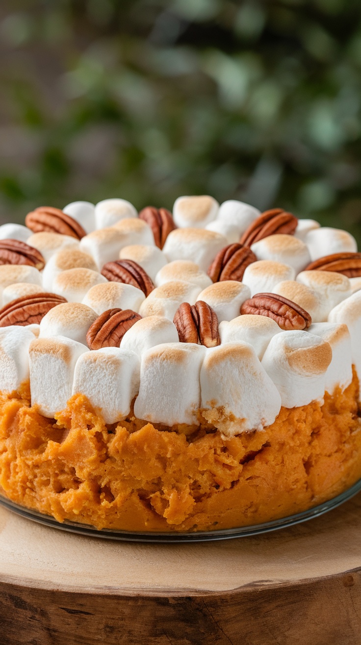 A delicious sweet potato casserole topped with toasted marshmallows and pecans.