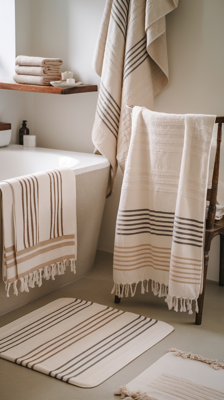 Textured towels and rugs in a modern farmhouse bathroom.