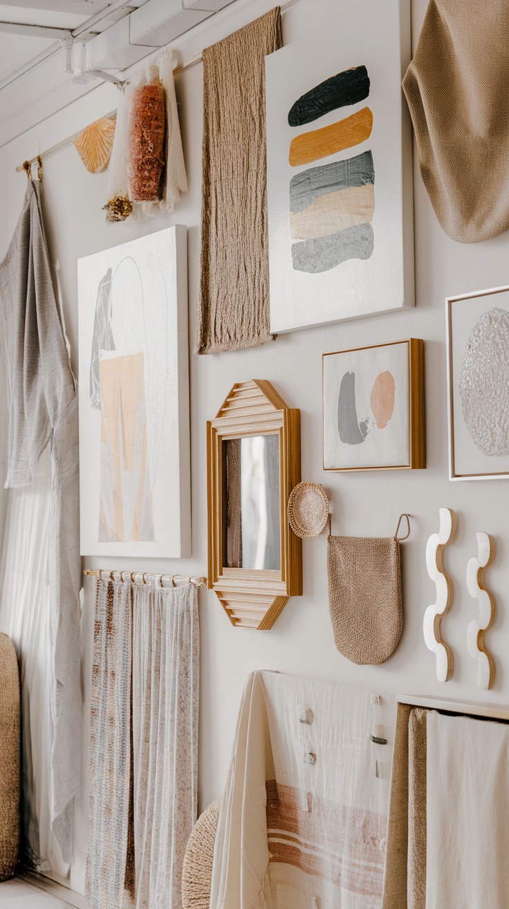 A gallery wall featuring a variety of textured elements including paintings, fabric pieces, and decorative mirrors.