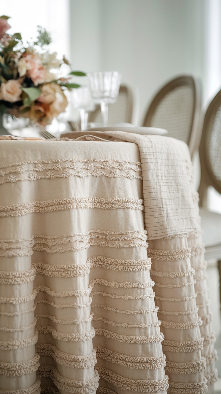 Close-up of a table with textured linens and fabrics in a spring setting.