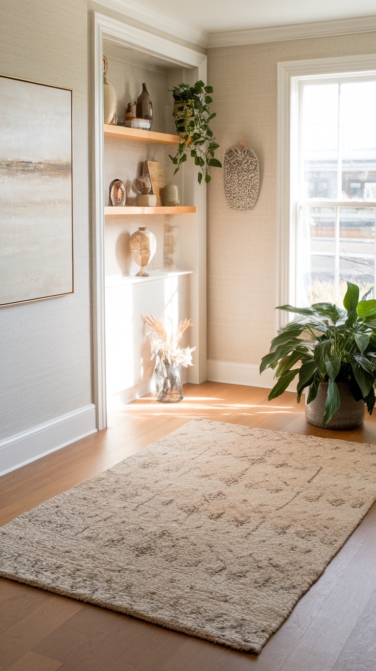 A textured rug in a bright entryway with natural light.