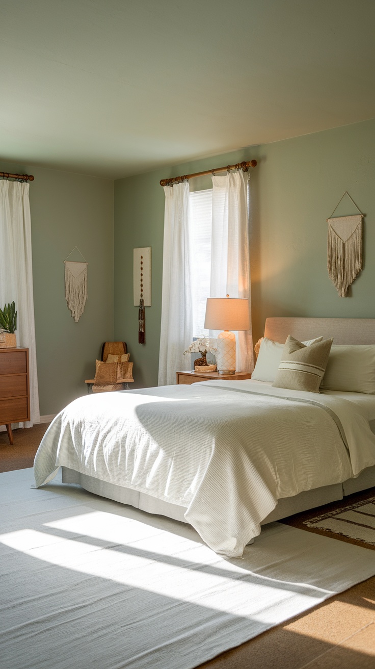 A serene sage green bedroom with natural light and soft decor.