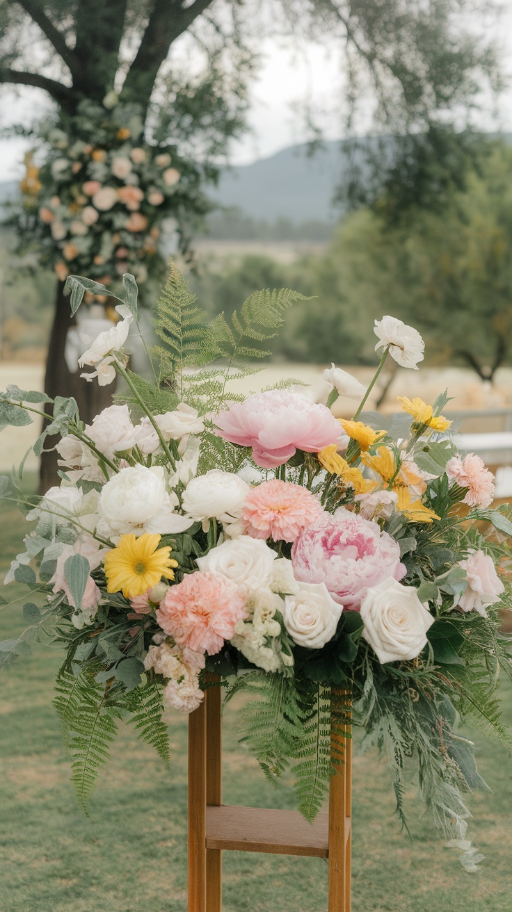 A beautiful floral arrangement featuring various colorful flowers and greenery.