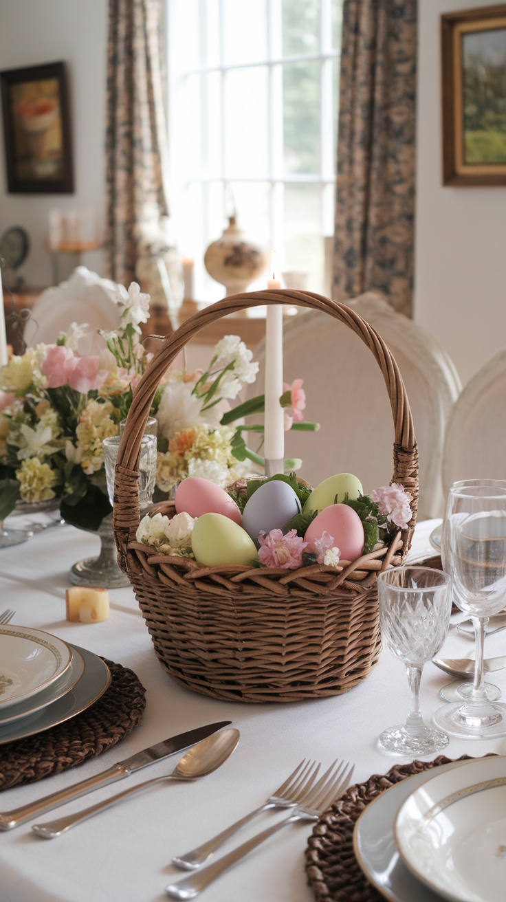 A decorative basket with pastel Easter eggs and flowers on a dining table.