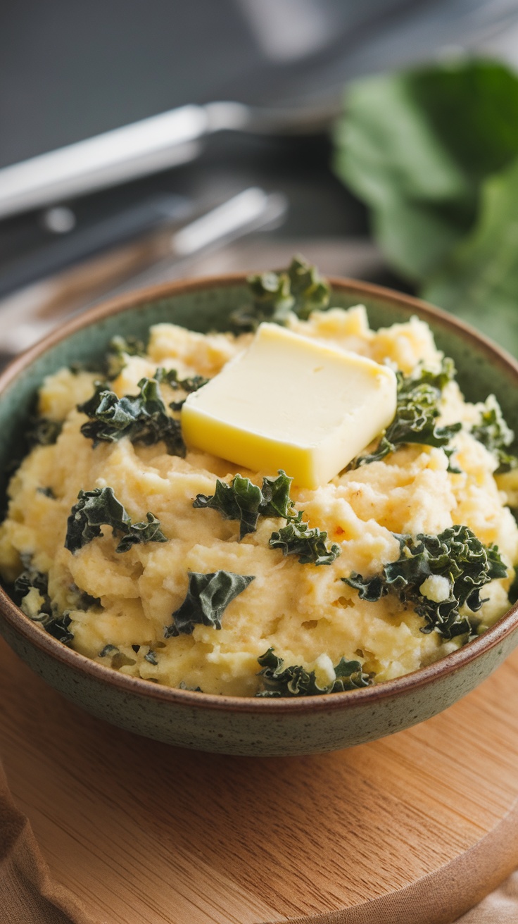 A bowl of traditional colcannon made with mashed potatoes and kale, topped with a pat of butter.