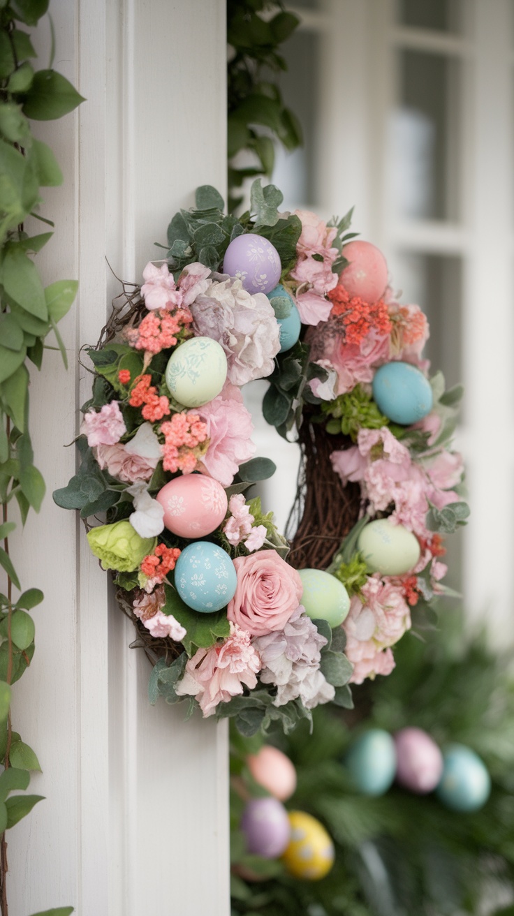 A beautiful Easter wreath featuring pastel flowers and decorated eggs.