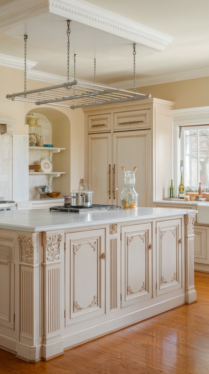 Traditional kitchen island with classic details, featuring intricate carvings, a marble countertop, and a hanging pot rack above.